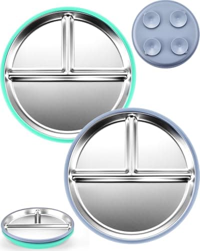MIMORE Stainless Steel Kids Plates - 2 Pack 9.25" Stainless Steel Baby Plates with Suction - Non Toxic & BPA Free (Navy Blue & Teal) - Image 1