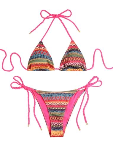 ZAFUL 2 Piece Triangle Bikini for Women Knitted Rope Halter Bikini Sets Sexy Bathing Suit Side Tie Swimsuits Beachwear Boho Red M - Image 1