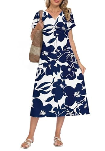 WNEEDU Women Summer Midi Dress Twist Front V Neck Short Sleeve Loose Casual Pockets,WT NV B Flower,XL - Image 1