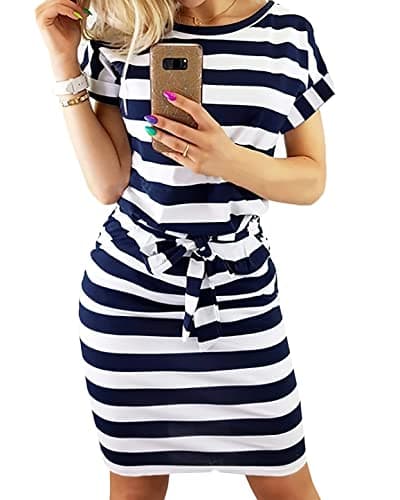 PRETTYGARDEN Women's Summer Short Sleeve Crewneck Striped Dress Basic Solid Tie Waist Office T Shirt Dresses Pockets(Stripe Navy,Small)