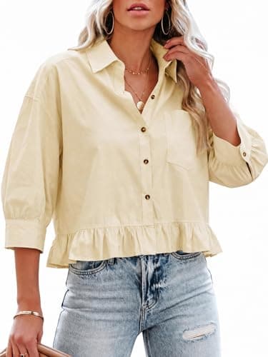 Cicy Bell Womens Cropped Button Down Shirts 3/4 Length Sleeve Casual Cotton Blouses Loose Fit Ruffle Hem Tops Beige - Image 1