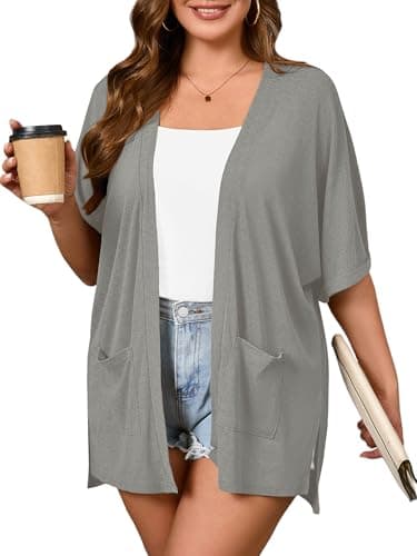 AusLook Plus Size Gray Cardigan for Women 3X Short Sleeve Lightweight Open Front Shrug with Pockets for Dresses and Layering - Image 1