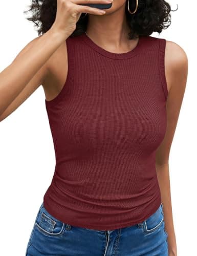Quenteen Scoop Neck Tank Tops for Women Ribbed Knit Sleeveless Summer Shirts Wide Strap Casual Workout Tops Wine Red Large - Image 1