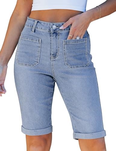 luvamia Jean Bermuda Shorts for Women High Waisted Plus Size Jean Shorts Jorts for Women Stretchy Fold Hem Cuffed Denim Womens Summer Denim Long Jorts Cody Blue Size XX-Large US 20 to 22 - Image 1