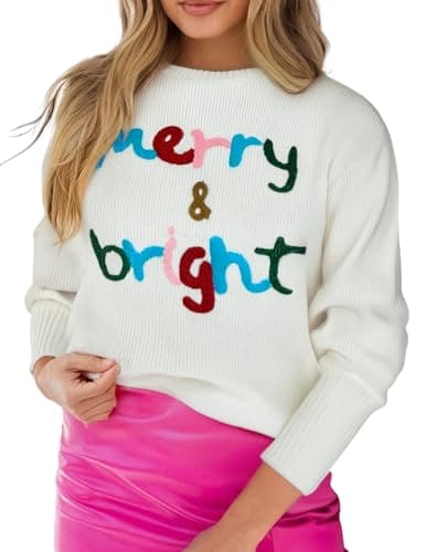 Christmas Sweater for Women Merry And Bright Xmas Pullover Top Crewneck Chenille Letter Patch Jumper (White-L) - Image 1