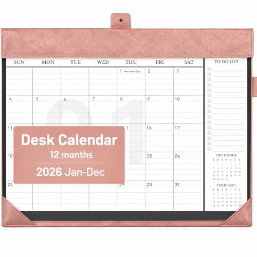 Bibiage Desk Calendar 2026 Jan to Dec with Plastic Cover, Large Desktop Calendar 12"x17" with to-do List, Wall Calendar Leather Hard Back, Large Ruled Block, Monthly Flip, Desk Decor, Office Supplies, Pink