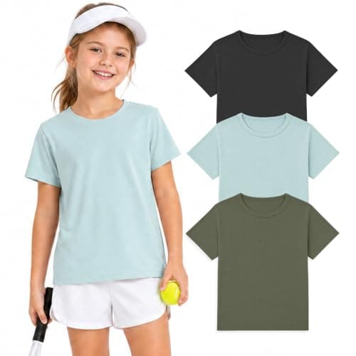 Wenlia Girls Athletic Shirts Short Sleeve Sports Tee Multi-Pack Summer Soft Activewear Tops, Black/Light Cyan/Army Green, 11-12 Years, 150 - Image 1