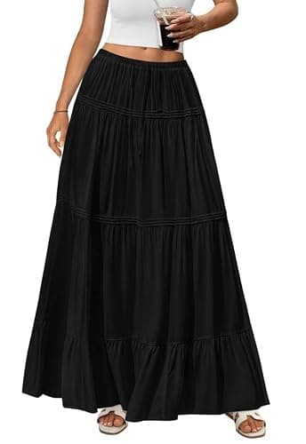 BTFBM Spring Skirts for Women 2026 Summer Boho Beach Vacation Clothes Casual Pleated High Waisted Flowy Maxi Skirt(Black, X-Large) - Image 1