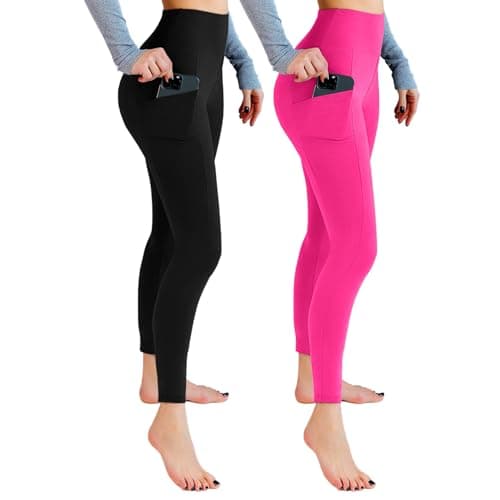 Leafigure 2 Packs Leggings with Pockets for Women, High Waisted Tummy Control Workout Leggings for Gym Black/Pink LXL - Image 1