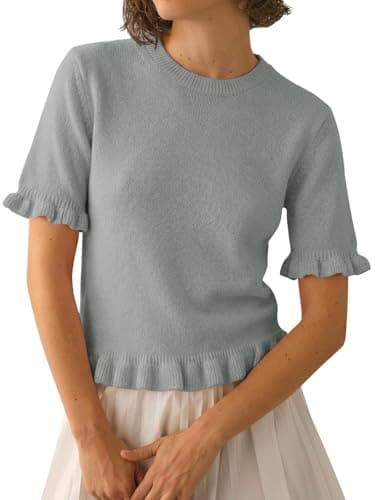Tankaneo Womens Summer Short Sleeve Cropped Sweaters Spring Lightweight Knit Peplum Tops Dressy Casual Fashion Sweater Grey - Image 1