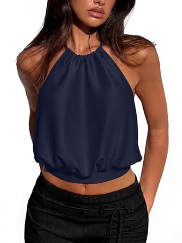 REORIA Women's Halter Backless Crop Top Sexy Sleeveless Summer Going Out Outfits 2026 Trendy Navy Blue X-Small - Image 1