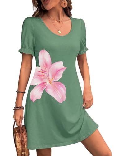 Dokotoo Boho Floral Print Dresses for Women Ruffle Short Sleeve V Neck Mini Dress 2026 Summer Trendy Casual Beach Vacation Clothes Womens Short Sundress Green Bay - Image 1