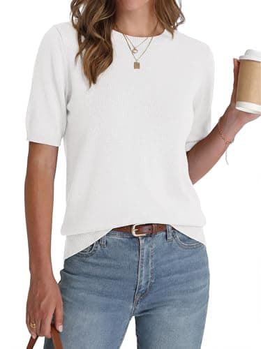 BTFBM Summer Tops Short Sleeve Sweater for Women Crew Neck Lightweight Knit Pullover Loose Dressy Casual Blouse Clothing(White, X-Large) - Image 1