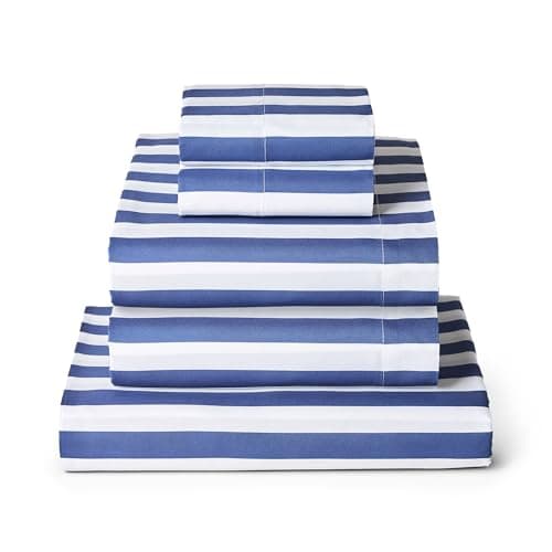 Mellanni Split King Sheets Set - 5 PC Iconic Collection Bedding - Hotel Luxury, Extra Soft, Cooling Bed Sheets - Wrinkle, Fade, Stain Resistant (Split King, Oxford Stripe Blue Nova) - Image 1