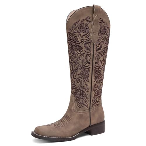GPXGPX Womens Cowboy Boots Embroidered Brown Cowgirl Boots knee High,Low Block Heel Comfortable Pull On Western Square Toe Tall Boots 6 - Image 1
