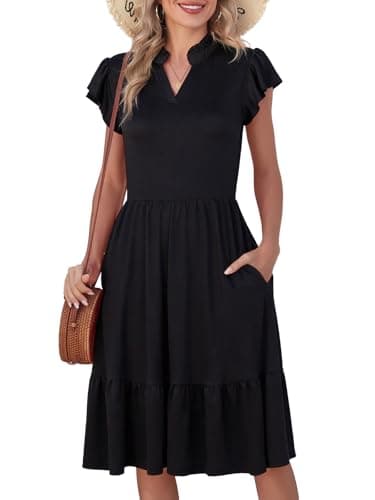 Lyrur Womens Summer Dresses 2026 Flutter Sleeve V Neck Midi Dress Casual Flowy Tiered Beach Sundress (S,7070 Black) - Image 1