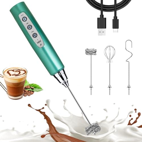 Nahida Green Milk Frother Wand for Coffee, Frother Handheld Rechargeable Electric Whisk with 3 Heads 3 Speeds Drink Mixer Coffee Frother Foam Maker For Latte, Cappuccino, Hot Chocolate, Egg - Image 1