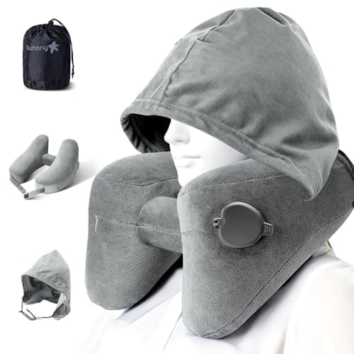 Sunany Neck Pillow for Travel Inflatable Airplane Pillow Comfortably Supports Head,Neck and Chin,Inflatable Travel Pillow with Soft Velour Cover,Hat,Portable Drawstring Bag (Grey) - Image 1