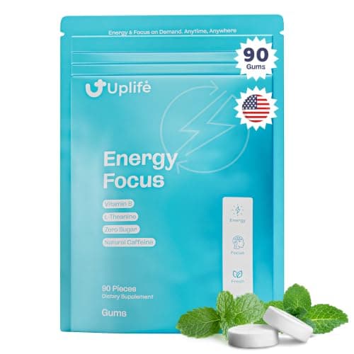 UPLIFE Energy and Focus Gum – 50 Pcs, Made in USA | 40mg Natural Caffeine + 80mg L-Theanine + Vitamin B12 & B3 | Sugar-Free, Vegan | Nootropic Gum for Energy, Focus & Mental Clarity – Peppermint - Image 1