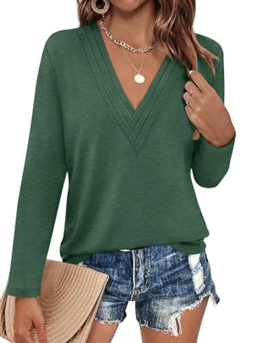 EasyGala Womens Deep V Neck Long Sleeve Shirts Pleated Dressy Casual Tops Sexy Loose Fit T Shirt Green Large - Image 1