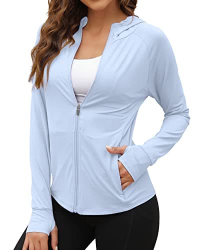 We1Fit Women's UPF 50+ Sun Protection Jacket Hooded Zip Up SPF Shirts Long Sleeves Light Blue - Image 1