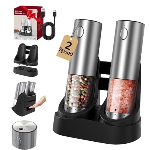 CIRCLE JOY 2-Speed Electric Salt and Pepper Grinder Set Rechargeable Stainless Steel Pepper Mills with Charging Base, LED Light and External Adjustable Coarseness for Hygienic Easy Use