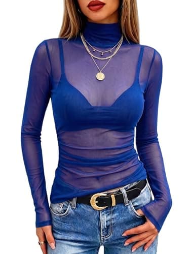 Meetrendi Women's Ruched Mesh Top Sexy Sheer Long Sleeve Mock Neck See Through Shirts Concert Outfit Navy S - Image 1