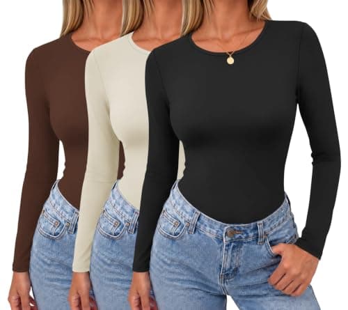 Ekouaer Long Sleeve Shirts for Women 3 Pack Scoop Neck Fitted Tops Thermal Undershirt Stretch Base Layer Soft Tee Brown/Beige/Black L - Image 1
