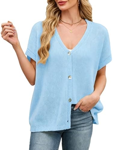 SunnyMelody Womens Oversized V Neck Batwing Cardigan Sweaters Top Baby Blue - Image 1