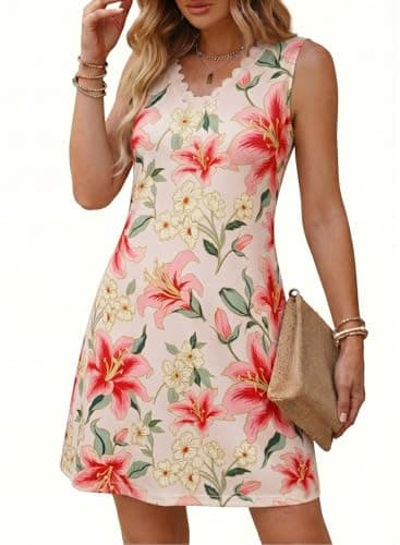Dokotoo Beach Dresses for Women 2026 Sexy V Neck Summer Lace Floral Dress Sleeveless Boho Sundresses Casual Loose Graduation Dress Ruffle A Line Vacation Dresses Apricot Large - Image 1