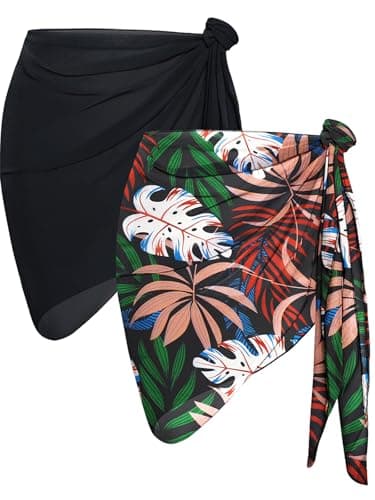 2 Pieces Sarong Cover Ups for Women Beach Bathing Suit Wrap Sheer Short Skirt Bikini Chiffon Scarf for Swimwear (Black, Orange White Leaves) - Image 1