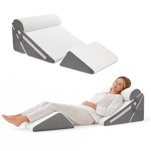 Adjustable Wedge Pillow Set for After Surgery Recovery, 4PCS Bed Wedge with Leg Elevation Pillow, Cooling Gel Memory Foam Support for Acid Reflux, GERD, Back Pain & Leg Elevation, White/Dark Grey