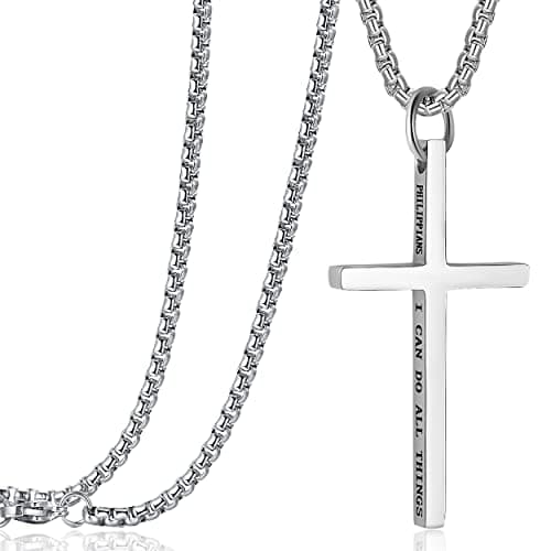 Rehoboth Cross Pendant Necklaces for Men Women Philippians 4:13 Bible Verse I Can Do All Things Stainless Steel Chain 16/20/24/28 Inchs (28 inchs,Silver) - Image 1