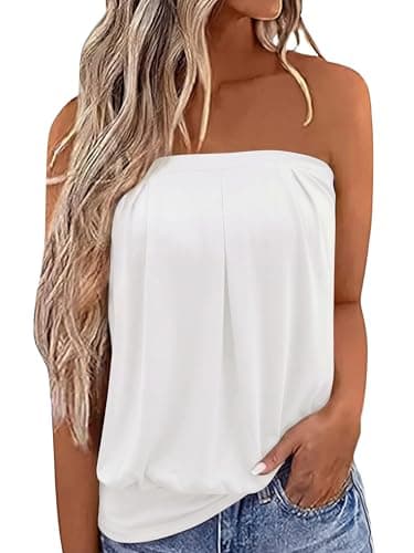JINKESI Women's Tube Tops Pleated Casual Summer Strapless Top Sleeveless Bandeau Tanks Shirt White,Large - Image 1