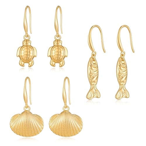 MIJENITI Fish Shell Dangle Earrings Gold Dangle Earrings Set for Women Statement Beach Turtle Earrings for Women Summer Ocean Jewelry - Image 1