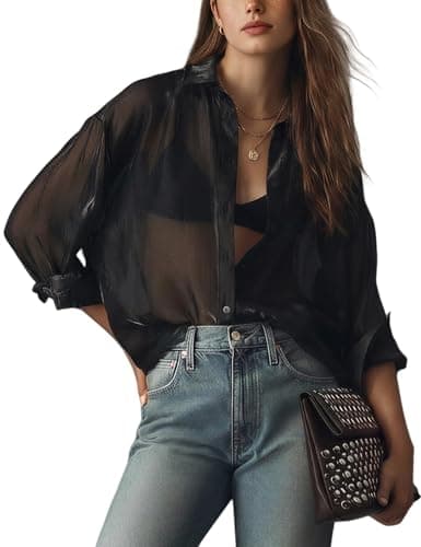 Wyeysyt Womens Shiny Sheer Blouse Top Sexy Mesh Shirt See Through Long Sleeve Shirts Button Down Collared Tops(Black-S) - Image 1