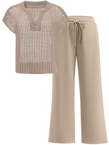 ANRABESS Womens 2 Piece Outfits Crochet Knit Half Zip Sweater Top Wide Leg Pants Summer Lounge Matching Sets Travel Clothes Almond Small