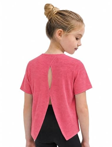 Wenlia Girls Athletic Shirts Short Sleeve Activewear Tops Back Slit Sports T Shirts for Running Tennis, Rose, 9-10 Years, 140 - Image 1