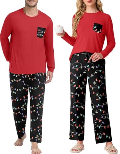 PrinStory Womens Pajama Sets Sleepwear Pjs Lightweight Long Sleeve Crewneck Shirts and Bottoms Soft Sleep Sets Black Lantern 2XL - Image 1