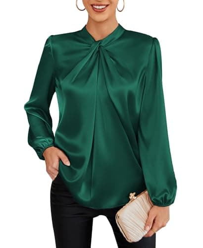 Womens Work Business Blouse Top Mock Neck Trendy Solid Long Sleeve Blouse Shirt Top Dark Green M - Image 1