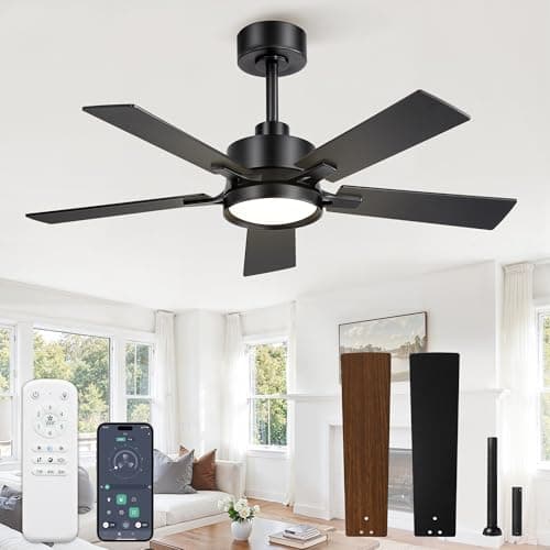 Glowivia 42 Inch Ceiling Fan with Lights and Remote, Smart APP Control, Dimmable with All-Setting Memory, Quiet DC Motor Reversible Blades, Damp Rated Modern Ceiling Fan for Bedroom Patio Living Room