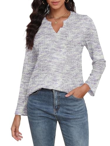 COCOMARTS Womens Waffle Knit V Neck Tops Long Sleeve Henley Shirts Casual Blouses Fall Winter Outfits 2025 Trendy Clothes Purple White Small - Image 1