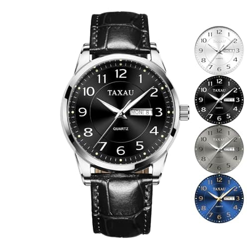 Taxau Men Leather Watch Dress Watches for Men Black Band Waterproof Mens Watch Analog Quartz Men's Wrist Watch with Date Day, Arabic Number, Water Resistant Luminous Large Face - Image 1