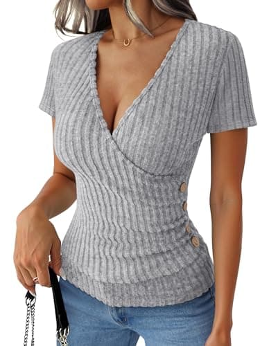ANRABESS Women Long Sleeve V Neck Shirts,Grey,L - Image 1