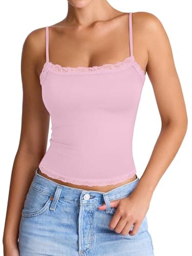 PINKMSTYLE Sleeveless Tops for Women Sexy Square Neck Lace Trim Cami Top Spaghetti Strap Cute Crop Going Out 2026 Trendy Light Pink X-Small - Image 1