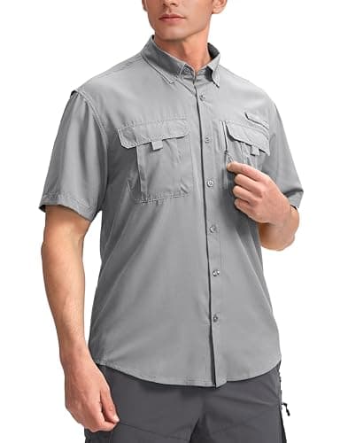 BETBO Men's Short Sleeves Fishing Shirts Button Down Summer Travel Work Shirts with Zipper Pockets(Light Grey, Small) - Image 1