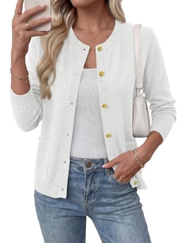 BTFBM Cardigan Sweaters for Women 2026 Fall Clothes Long Sleeve Button Down Open Front Soft Knit Lightweight Sweater(White, Medium) - Image 1