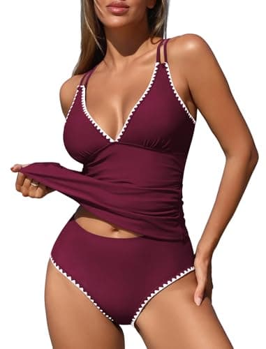 ZAFUL Womens Two Piece Tankini Modest Swimsuits for Women Solid Two Piece Bathing Suits Tummy Control Ruched Tankini Swim Suits with Shorts (Red S) - Image 1