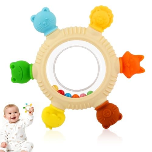 Baby Teething Rings Toys for 0-6 6-12 Months Animal Rattle Teether Sensory Toys for Babies 0-24Months Silicone Teether Relief Chew Soothing Sore Gums for Newborn Infant Essentials BPA Free (Animal) - Image 1