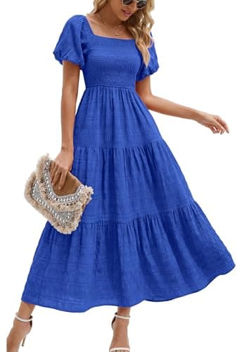 PRETTYGARDEN Womens Summer Puff Short Sleeve Maxi Dress Square Neck Smocked Tiered Ruffle A Line Long Flowy Beach Dresses (Royal Blue,Medium) - Image 1